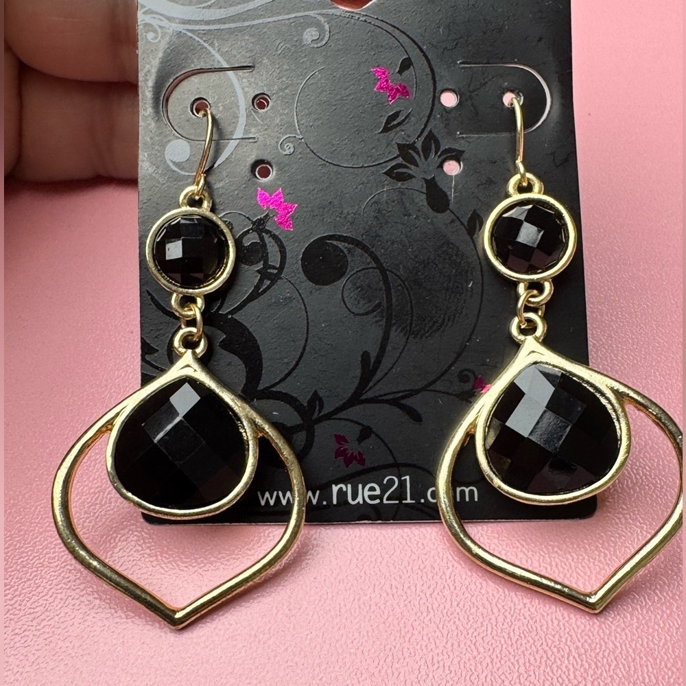 Gold & Black Statement Dangle Earrings – Modern Chic, New On Card - Picture 5 of 6